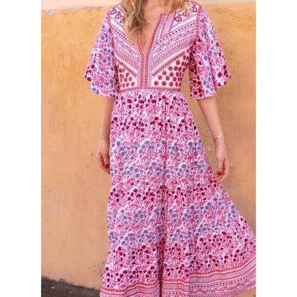 Oliphant Flirty V Neck Maxi Mendoza Coral Ladies Dress Size Medium - Picture 2 of 10